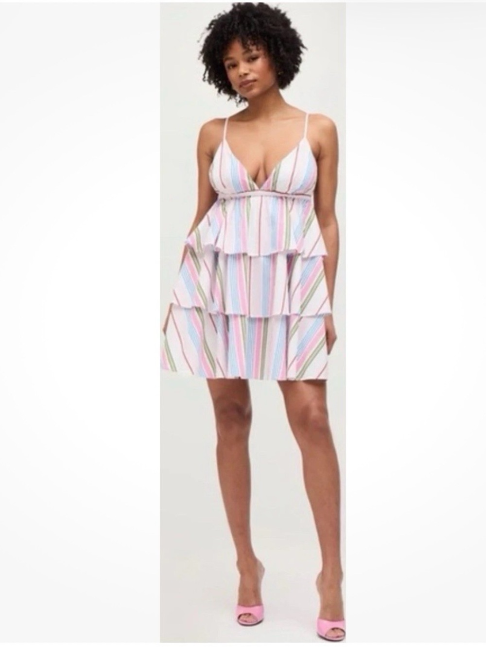 Hill House Striped Tiered Spaghetti Strap Dress in Pastel Pink, Blue & Green